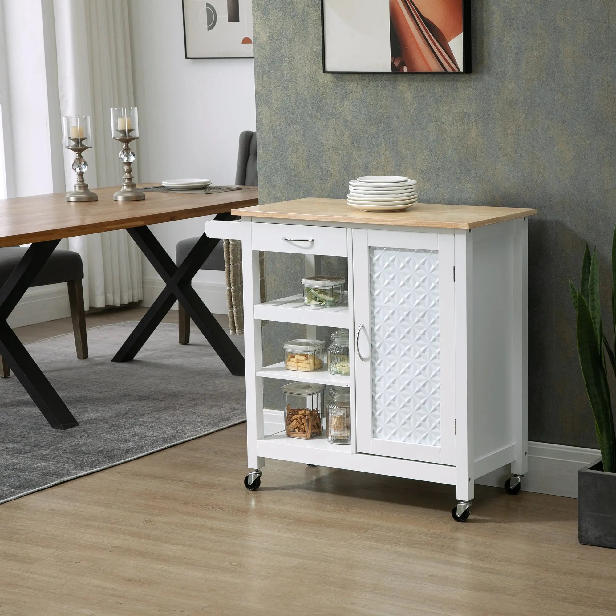 HOMCOM Kitchen Trolley, Kitchen Island on Wheels with Embossed Door Panel, Utility Kitchen Cart with 3 Storage Shelves, White 