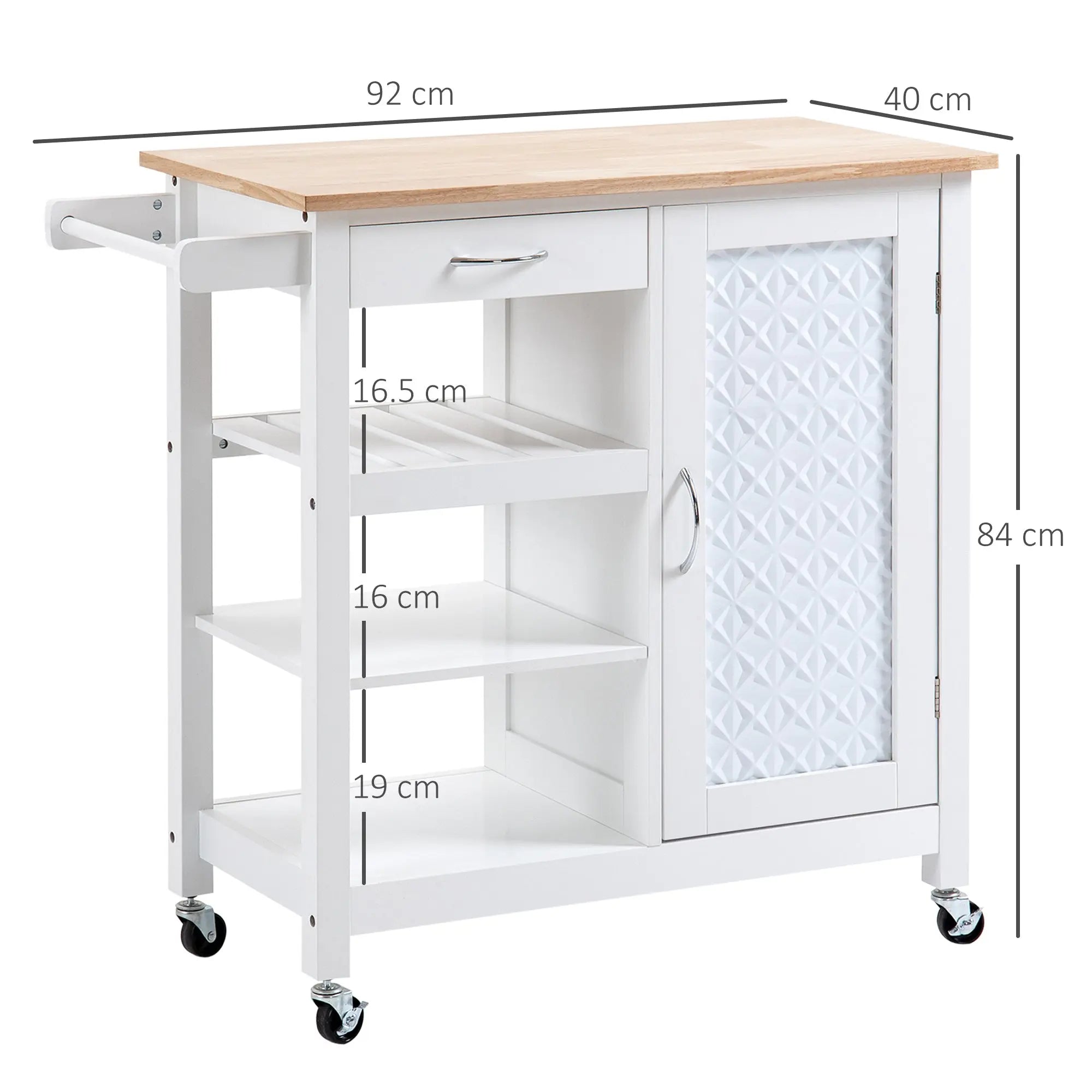 HOMCOM Kitchen Trolley, Kitchen Island on Wheels with Embossed Door Panel, Utility Kitchen Cart with 3 Storage Shelves, White 