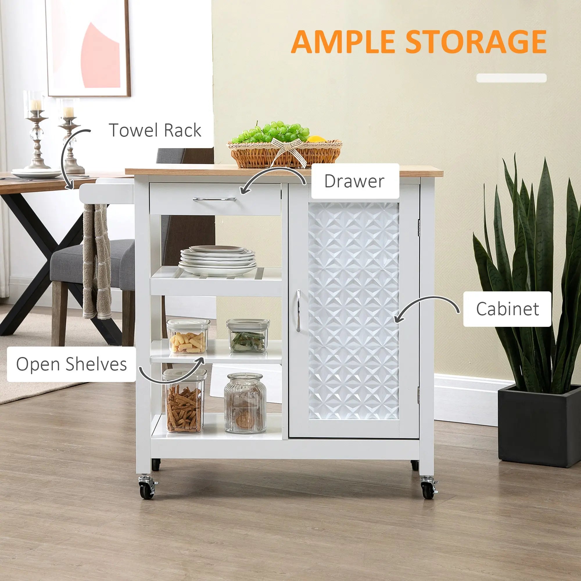 HOMCOM Kitchen Trolley, Kitchen Island on Wheels with Embossed Door Panel, Utility Kitchen Cart with 3 Storage Shelves, White 