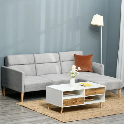 HOMCOM L Shape Sofa Bed Set, Linen Fabric Corner Sofa Bed with Rubber Wood Legs and Footstool, Light Grey 