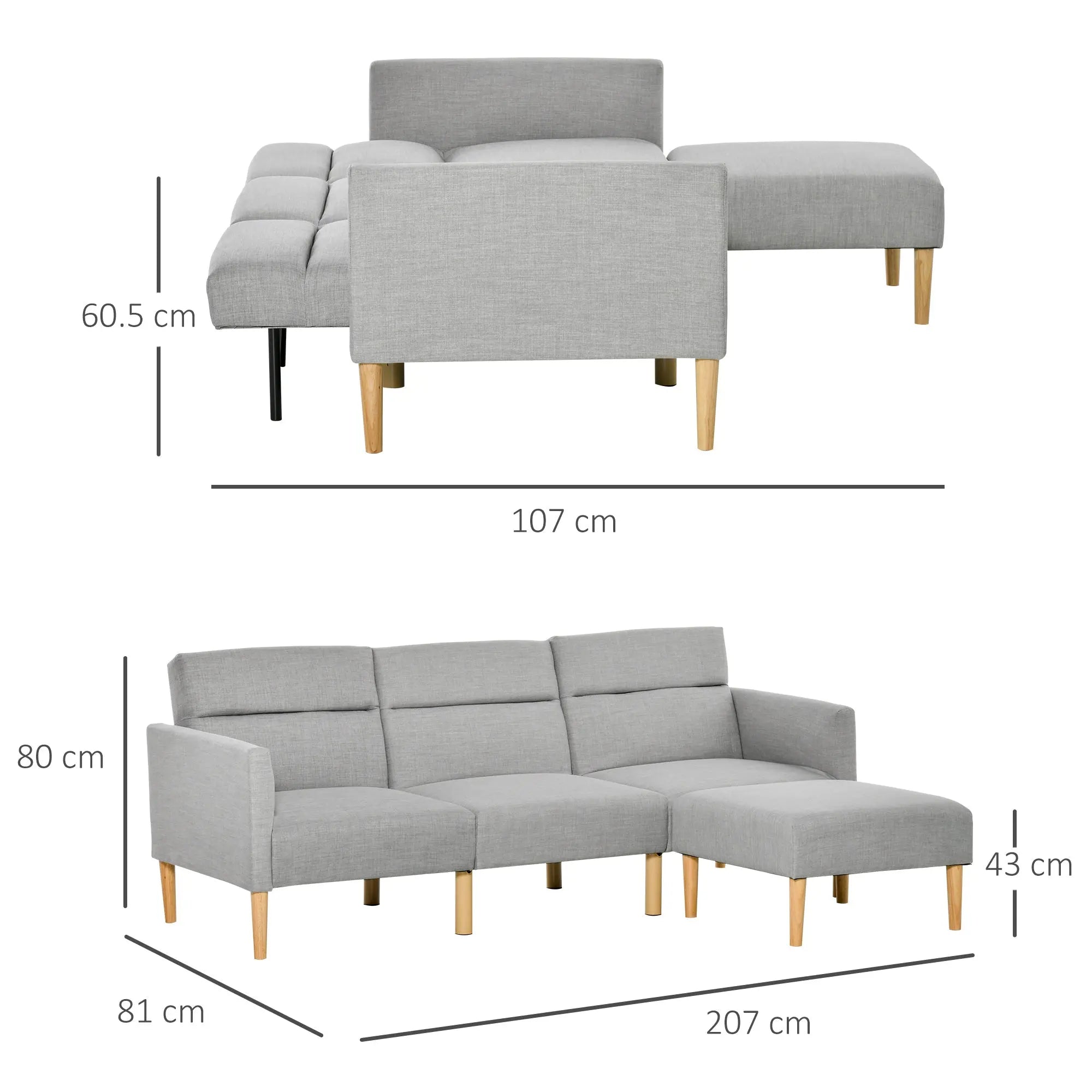 HOMCOM L Shape Sofa Bed Set, Linen Fabric Corner Sofa Bed with Rubber Wood Legs and Footstool, Light Grey 