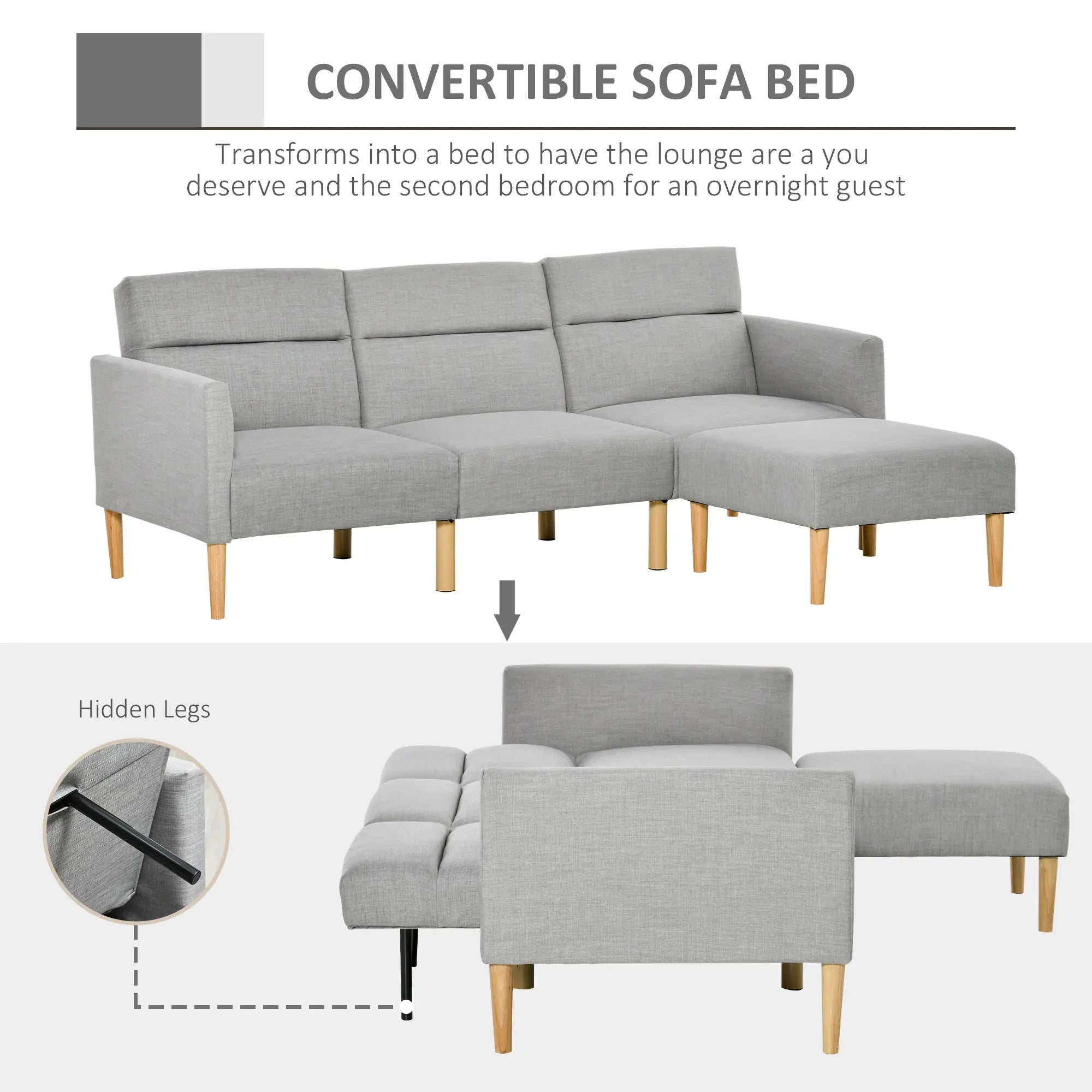 HOMCOM L Shape Sofa Bed Set, Linen Fabric Corner Sofa Bed with Rubber Wood Legs and Footstool, Light Grey 