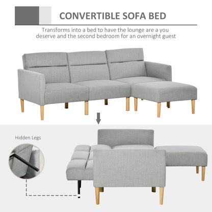 HOMCOM L Shape Sofa Bed Set, Linen Fabric Corner Sofa Bed with Rubber Wood Legs and Footstool, Light Grey 