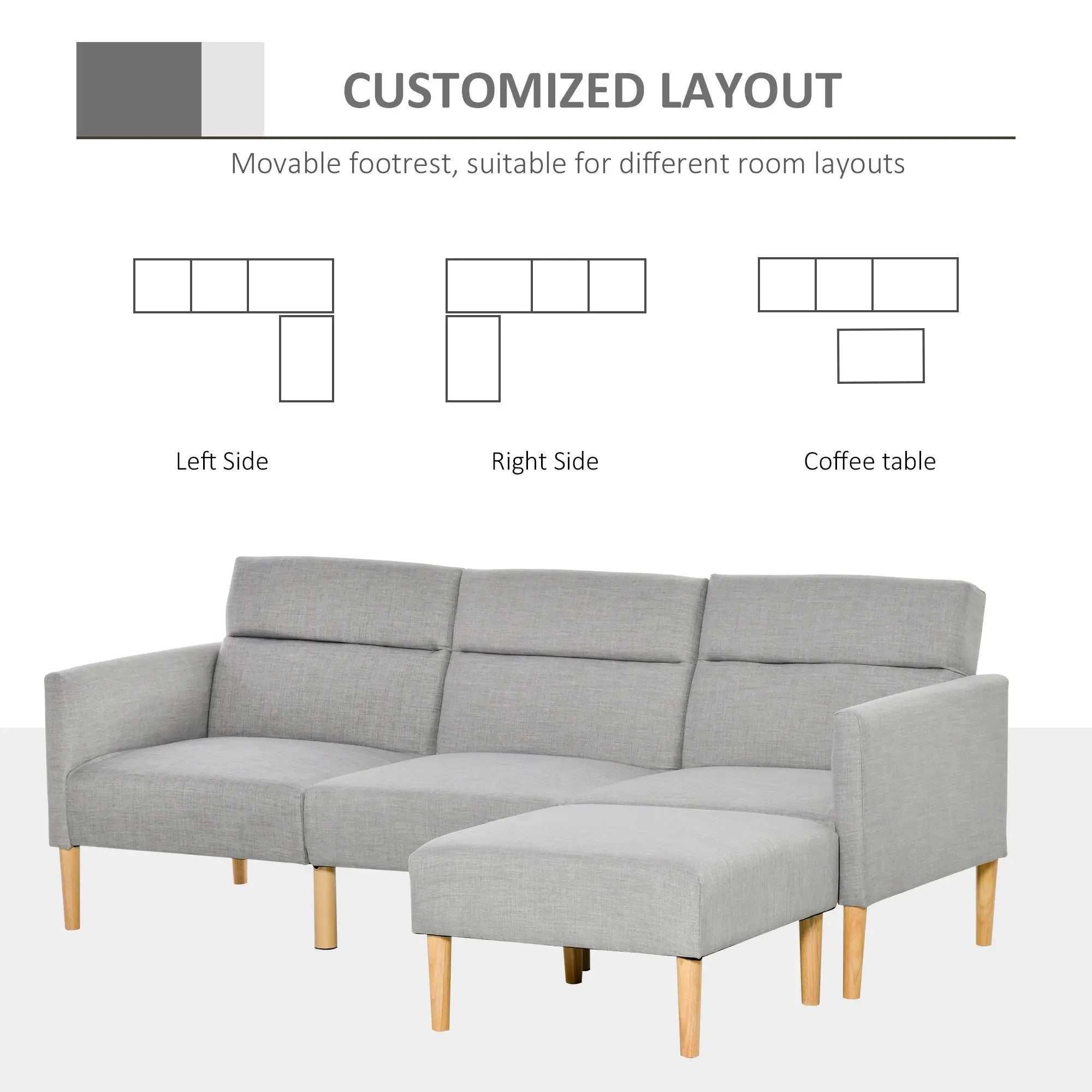HOMCOM L Shape Sofa Bed Set, Linen Fabric Corner Sofa Bed with Rubber Wood Legs and Footstool, Light Grey 
