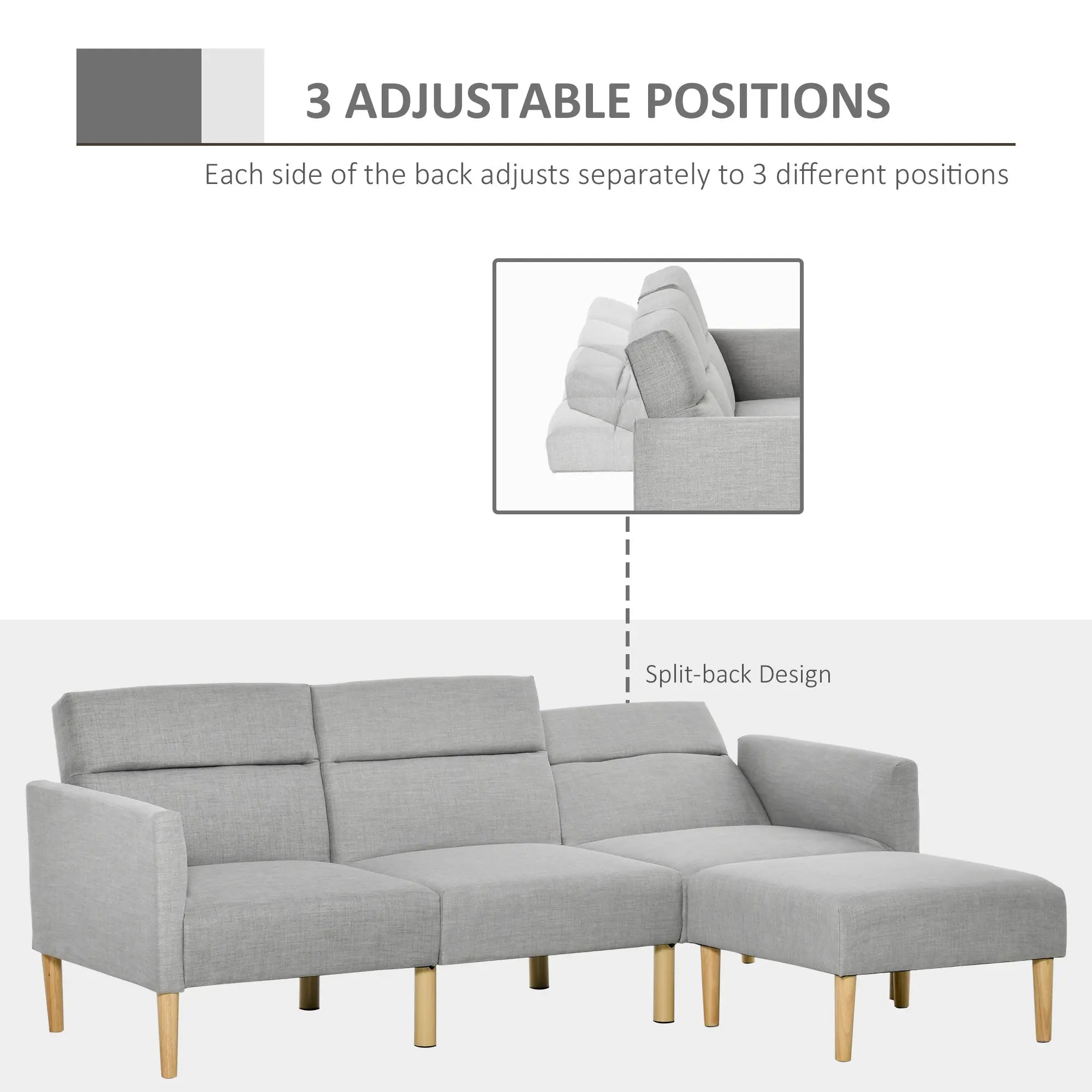 HOMCOM L Shape Sofa Bed Set, Linen Fabric Corner Sofa Bed with Rubber Wood Legs and Footstool, Light Grey 