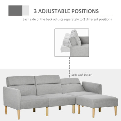 HOMCOM L Shape Sofa Bed Set, Linen Fabric Corner Sofa Bed with Rubber Wood Legs and Footstool, Light Grey 