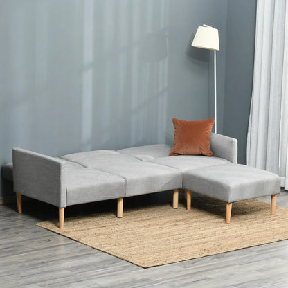 HOMCOM L Shape Sofa Bed Set, Linen Fabric Corner Sofa Bed with Rubber Wood Legs and Footstool, Light Grey 