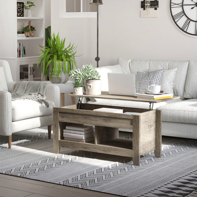 HOMCOM Lift Top Coffee Table w/ Hidden Storage Compartment Open Shelves Lift Tabletop Pop Up Centre Table for Living Room Oak Effect 