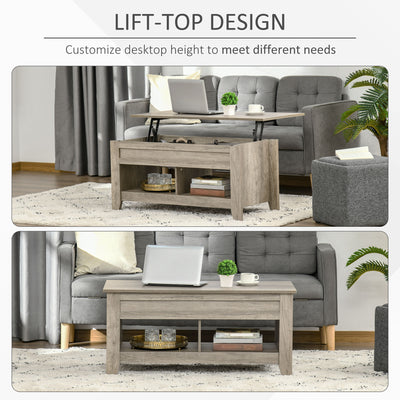 HOMCOM Lift Top Coffee Table w/ Hidden Storage Compartment Open Shelves Lift Tabletop Pop Up Centre Table for Living Room Oak Effect 