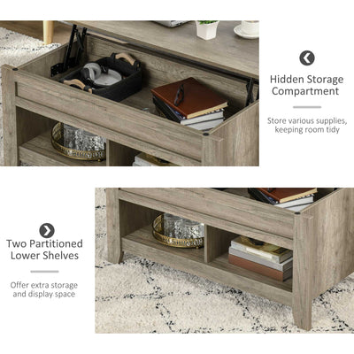 HOMCOM Lift Top Coffee Table w/ Hidden Storage Compartment Open Shelves Lift Tabletop Pop Up Centre Table for Living Room Oak Effect 