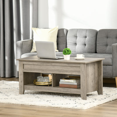 HOMCOM Lift Top Coffee Table w/ Hidden Storage Compartment Open Shelves Lift Tabletop Pop Up Centre Table for Living Room Oak Effect 