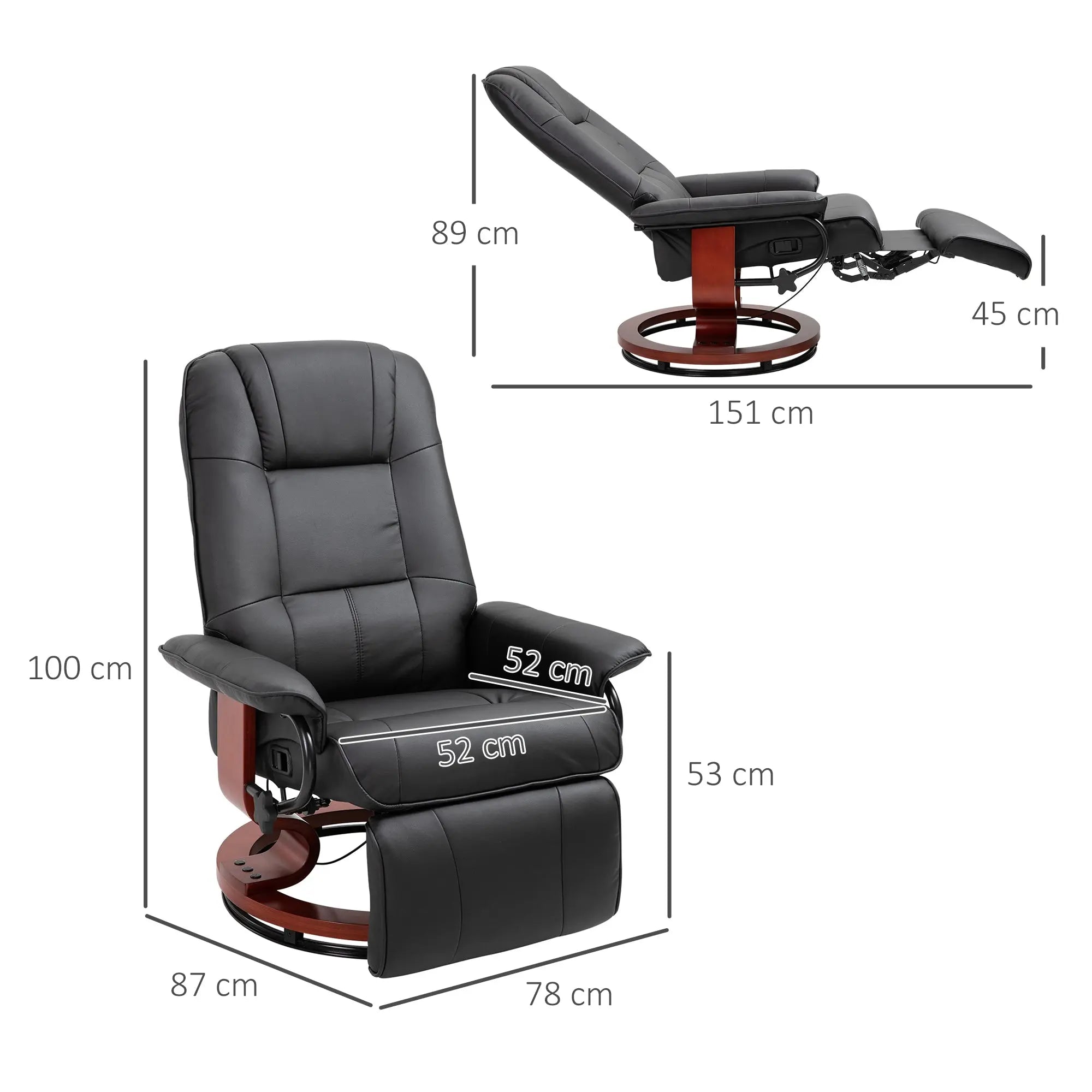 HOMCOM Manual Recliner Chair Armchair Sofa with Faux Leather Upholstered Wooden Base for Living Room Bedroom, Black 
