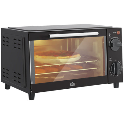 HOMCOM Mini Oven, 9L Countertop Electric Grill, Toaster Oven with Adjustable Temperature, Timer, Dishwasher Safe Baking Tray and Wire Rack, 750W, Black 