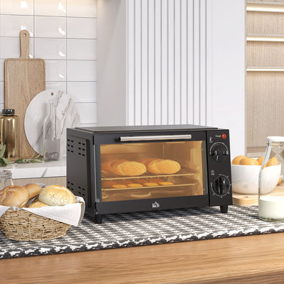 HOMCOM Mini Oven, 9L Countertop Electric Grill, Toaster Oven with Adjustable Temperature, Timer, Dishwasher Safe Baking Tray and Wire Rack, 750W, Black 