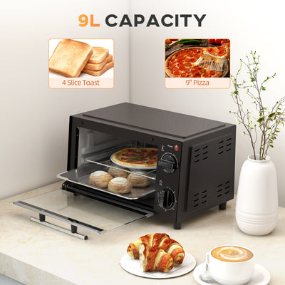 HOMCOM Mini Oven, 9L Countertop Electric Grill, Toaster Oven with Adjustable Temperature, Timer, Dishwasher Safe Baking Tray and Wire Rack, 750W, Black 