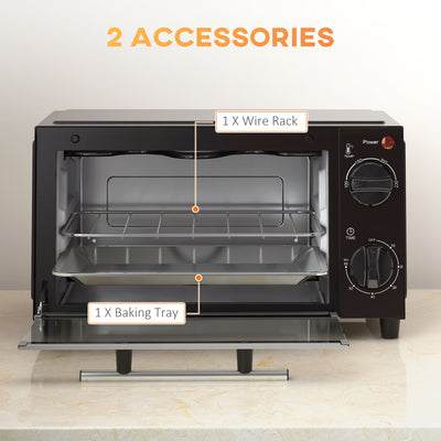 HOMCOM Mini Oven, 9L Countertop Electric Grill, Toaster Oven with Adjustable Temperature, Timer, Dishwasher Safe Baking Tray and Wire Rack, 750W, Black 