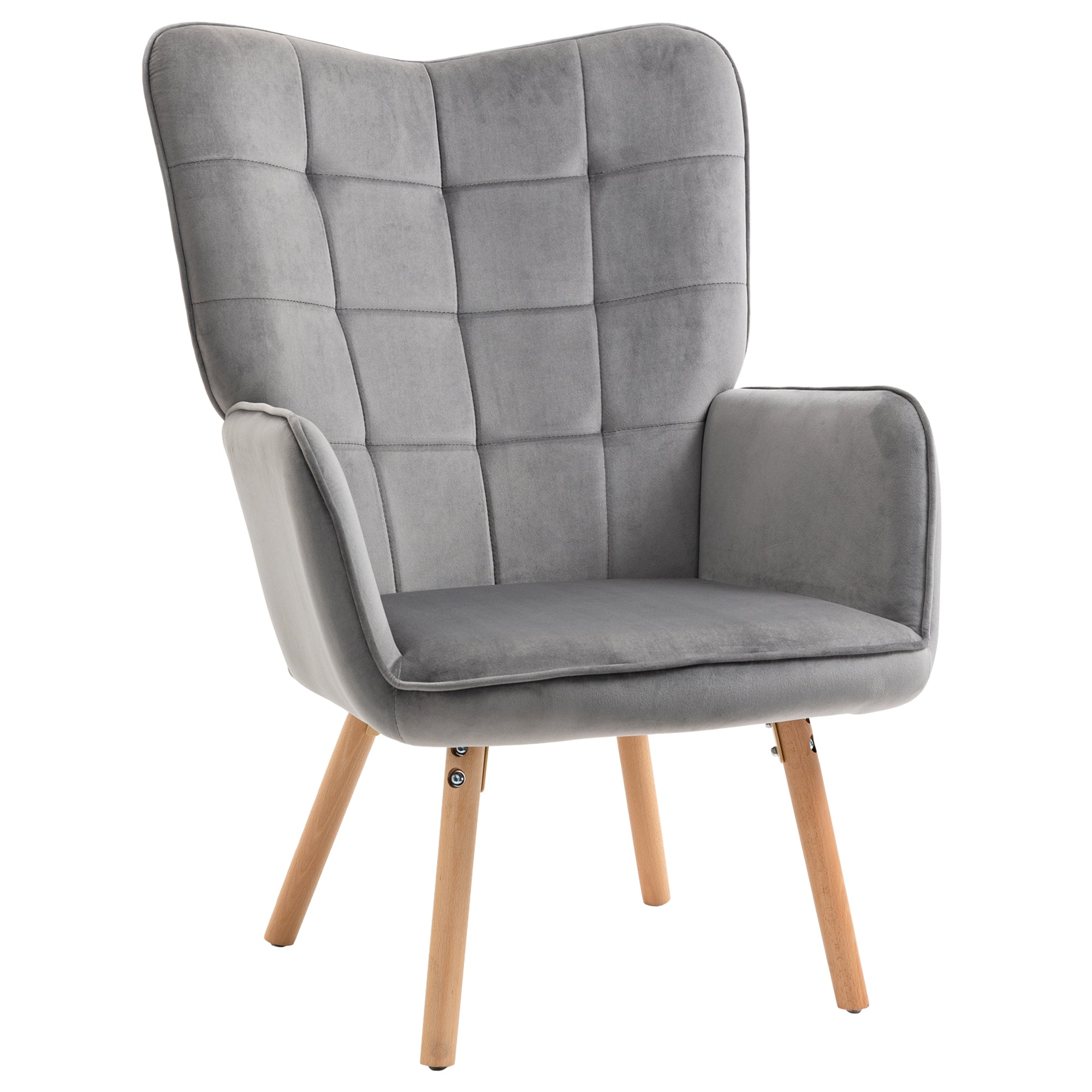 HOMCOM Modern Accent Chair, Upholstered Tufted Wingback Armchair with Seat Padding, Leisure Lounge Bedroom Chair with Wood Legs, Grey 