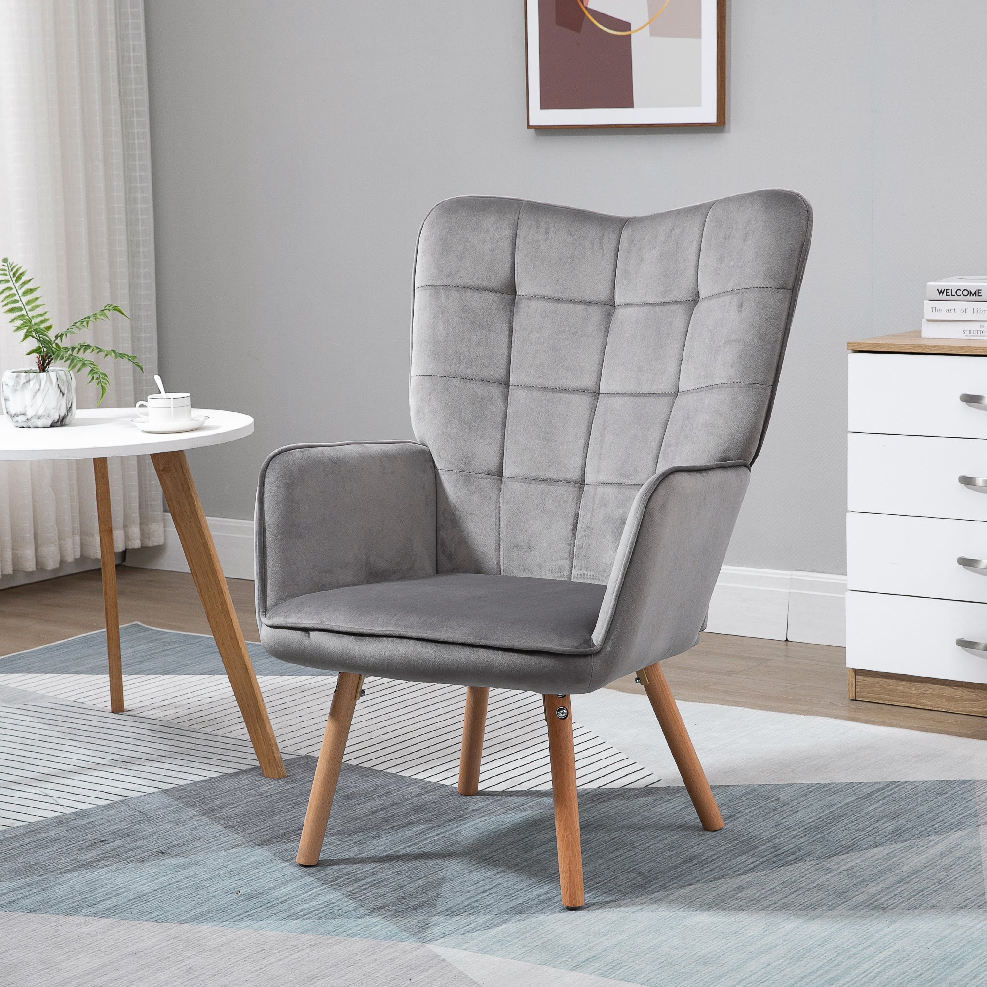 HOMCOM Modern Accent Chair, Upholstered Tufted Wingback Armchair with Seat Padding, Leisure Lounge Bedroom Chair with Wood Legs, Grey 