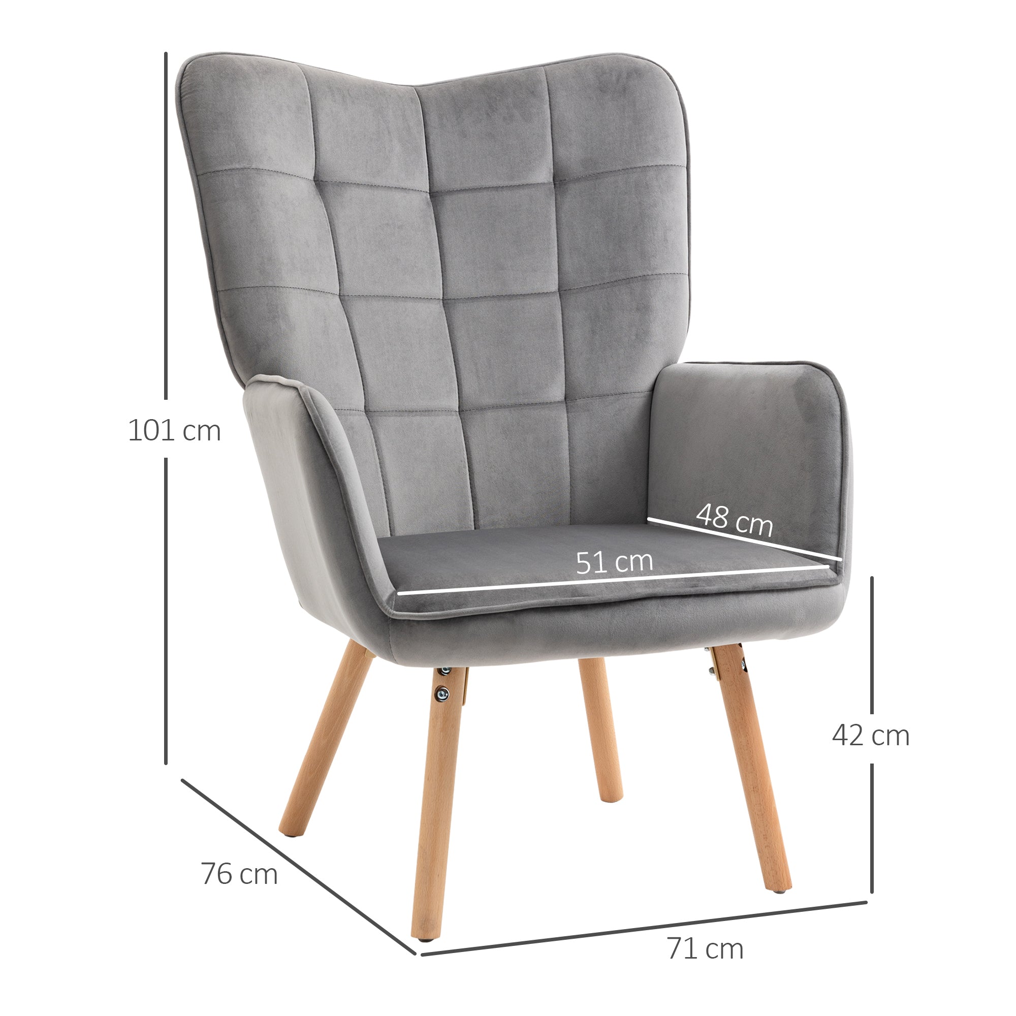 HOMCOM Modern Accent Chair, Upholstered Tufted Wingback Armchair with Seat Padding, Leisure Lounge Bedroom Chair with Wood Legs, Grey 