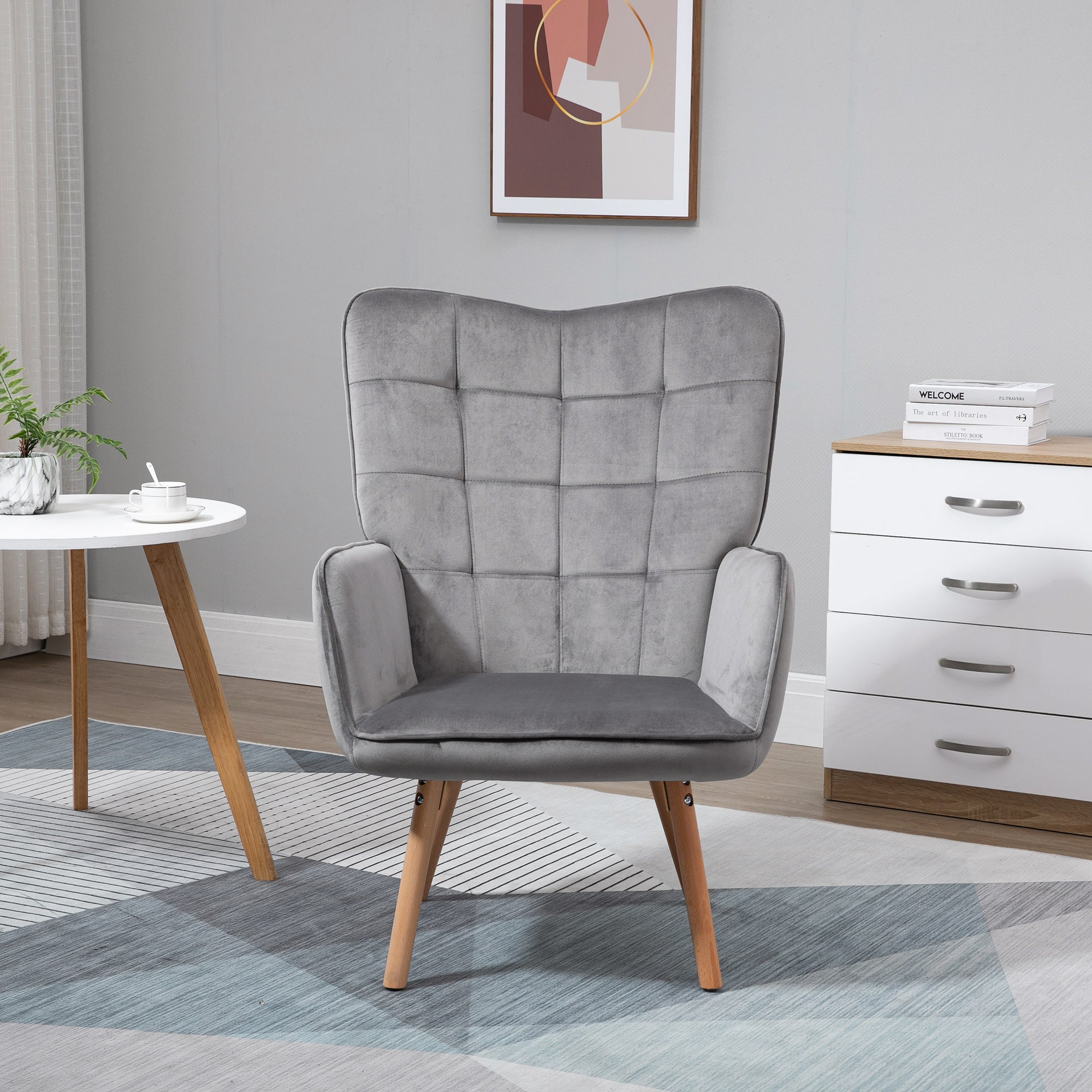 HOMCOM Modern Accent Chair, Upholstered Tufted Wingback Armchair with Seat Padding, Leisure Lounge Bedroom Chair with Wood Legs, Grey 