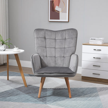 HOMCOM Modern Accent Chair, Upholstered Tufted Wingback Armchair with Seat Padding, Leisure Lounge Bedroom Chair with Wood Legs, Grey 