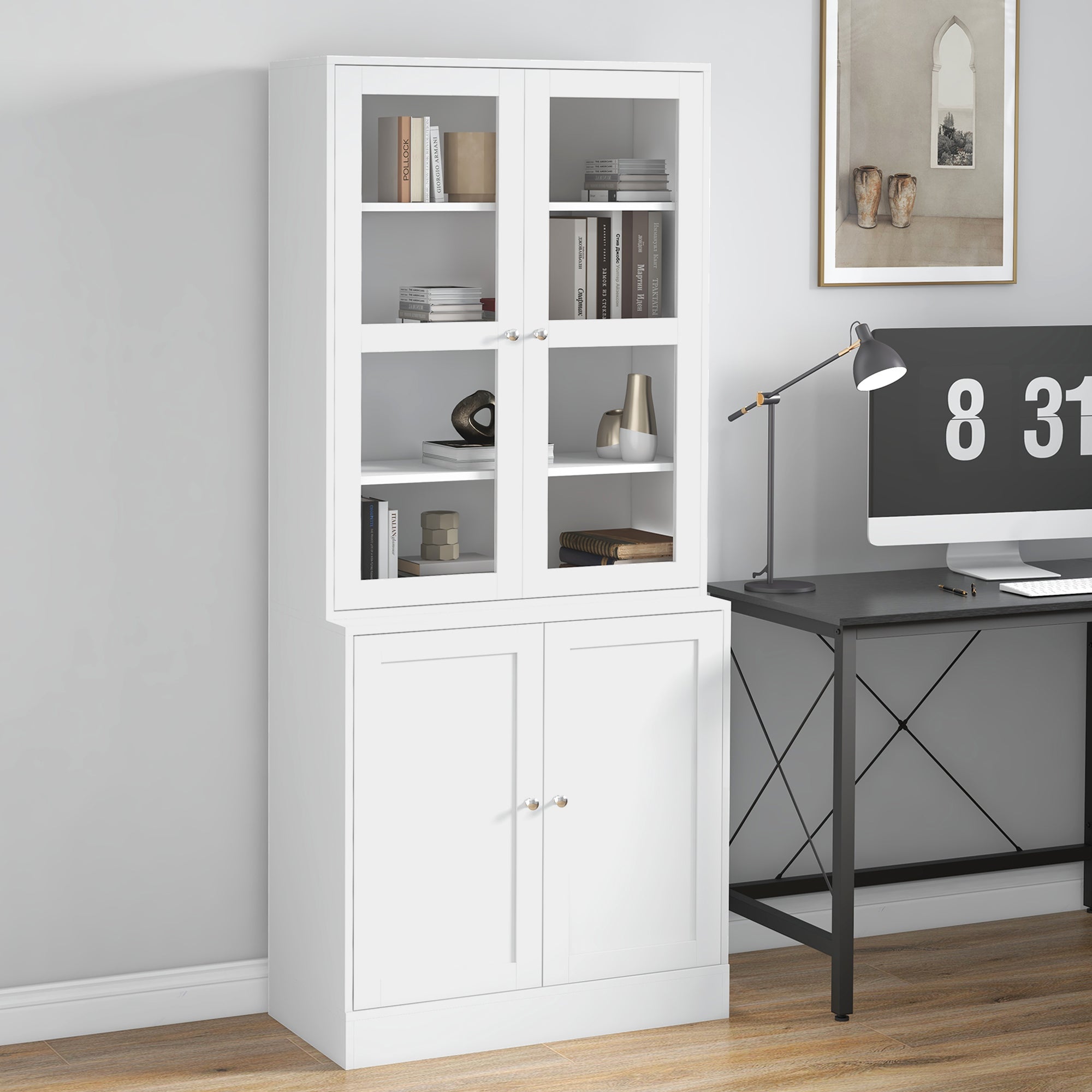 HOMCOM Modern Bookcase with Glass Doors, Display Storage Cabinet with Adjustable Shelves for Living Room, Study, Office, White 