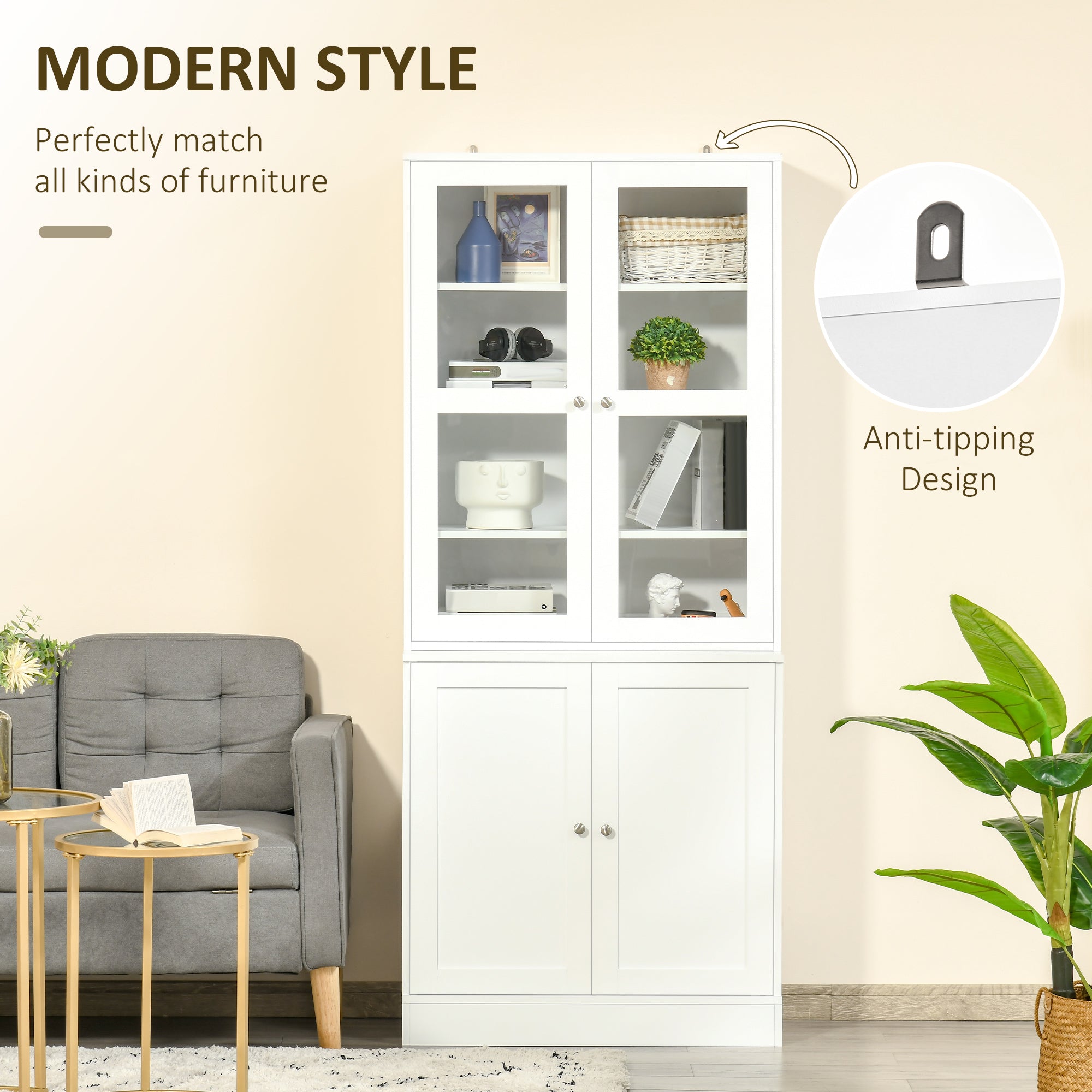 HOMCOM Modern Bookcase with Glass Doors, Display Storage Cabinet with Adjustable Shelves for Living Room, Study, Office, White 