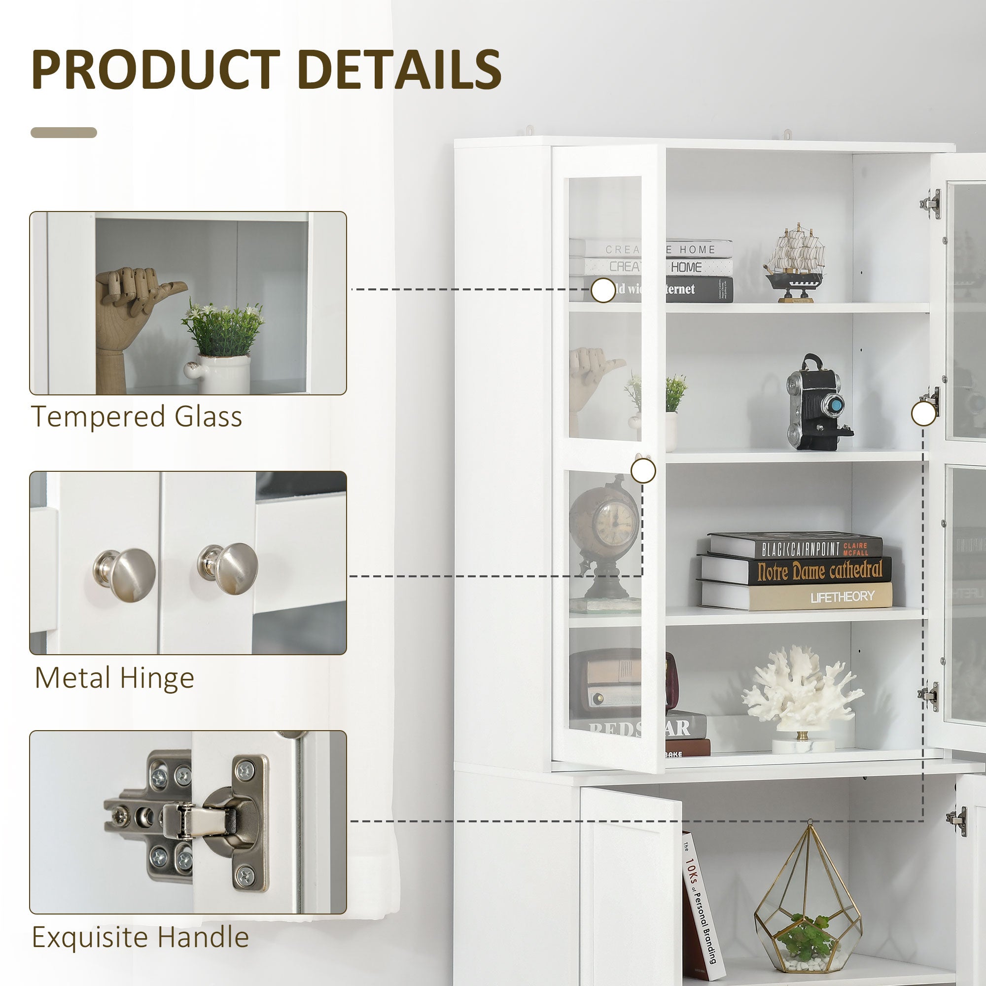 HOMCOM Modern Bookcase with Glass Doors, Display Storage Cabinet with Adjustable Shelves for Living Room, Study, Office, White 