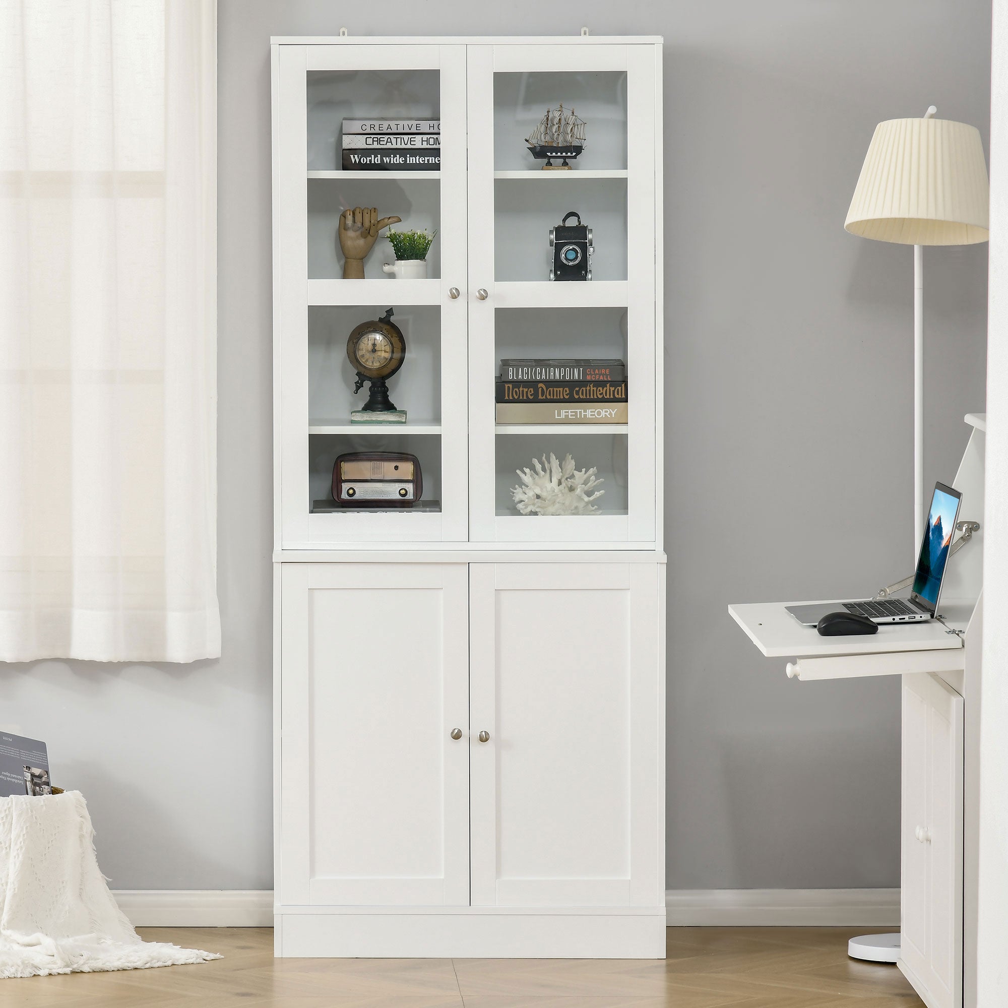 HOMCOM Modern Bookcase with Glass Doors, Display Storage Cabinet with Adjustable Shelves for Living Room, Study, Office, White 