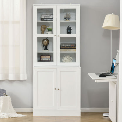 HOMCOM Modern Bookcase with Glass Doors, Display Storage Cabinet with Adjustable Shelves for Living Room, Study, Office, White 