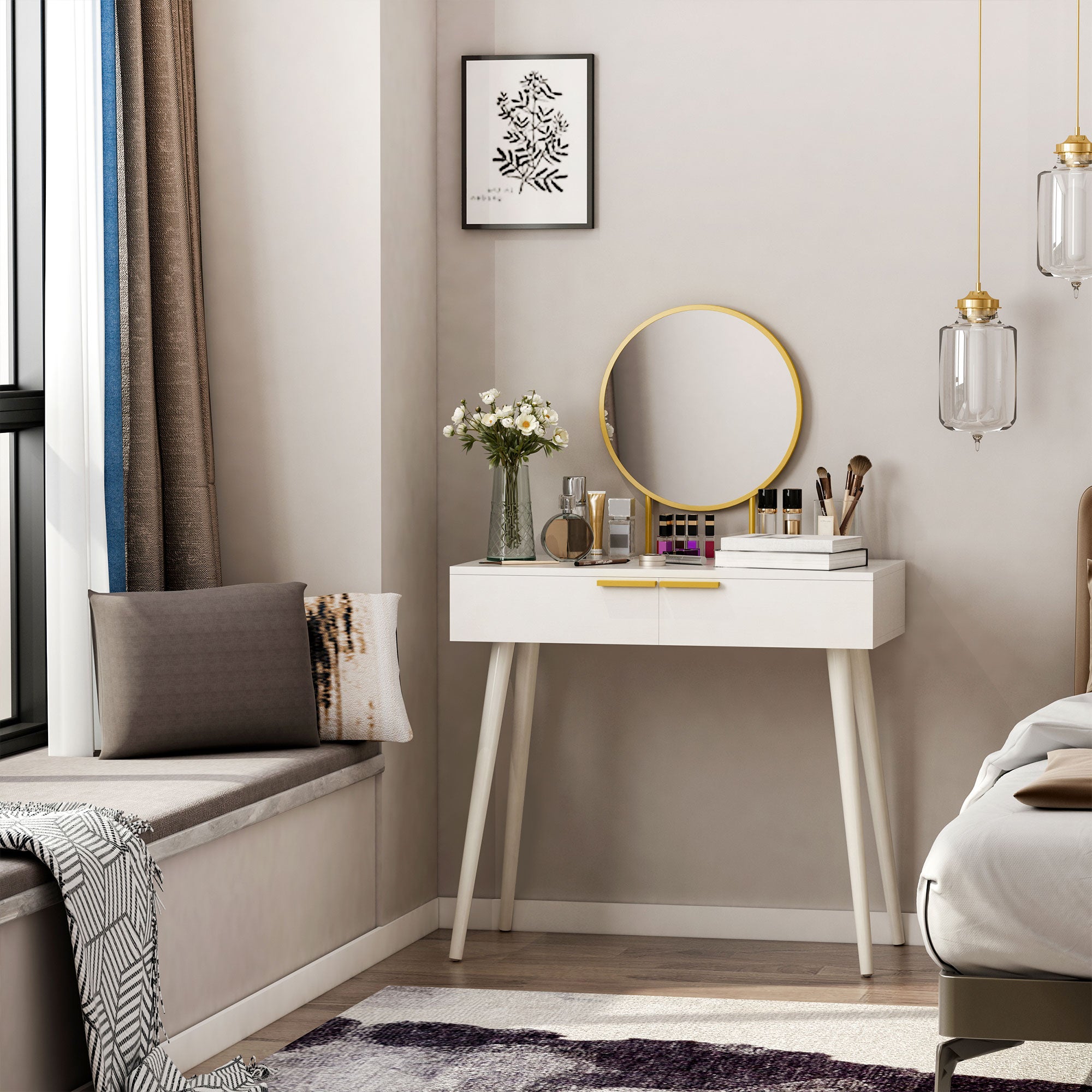 HOMCOM Modern Dressing Table with Round Mirror, Makeup Vanity Table with 2 Drawers for Bedroom, Living Room, White 