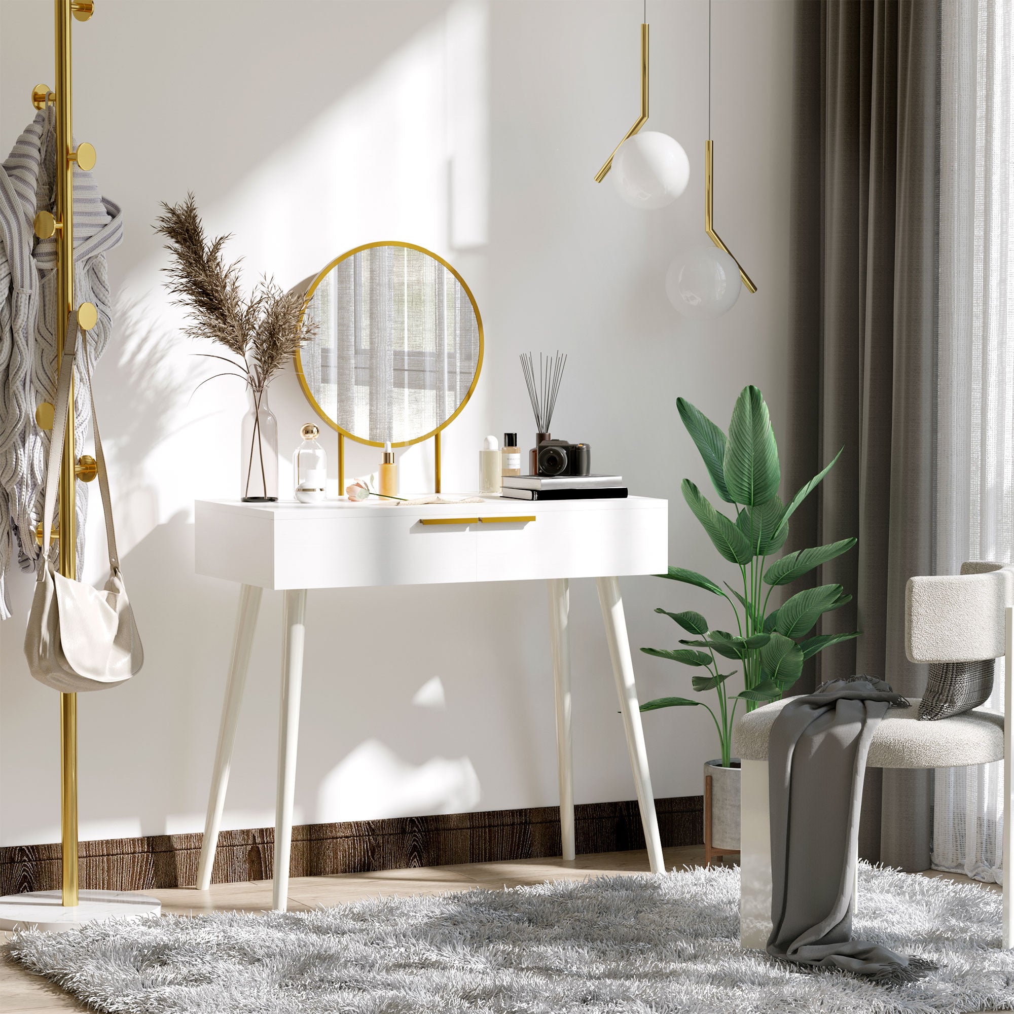HOMCOM Modern Dressing Table with Round Mirror, Makeup Vanity Table with 2 Drawers for Bedroom, Living Room, White 
