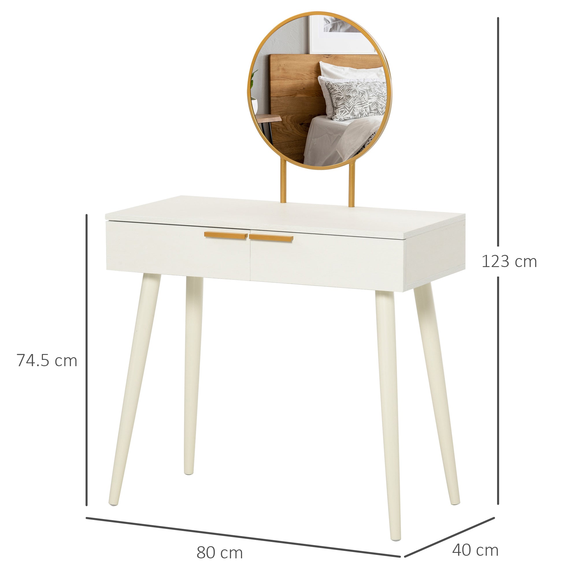 HOMCOM Modern Dressing Table with Round Mirror, Makeup Vanity Table with 2 Drawers for Bedroom, Living Room, White 