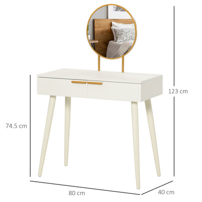 HOMCOM Modern Dressing Table with Round Mirror, Makeup Vanity Table with 2 Drawers for Bedroom, Living Room, White 