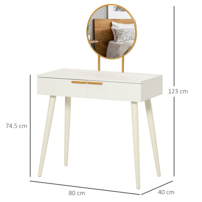 HOMCOM Modern Dressing Table with Round Mirror, Makeup Vanity Table with 2 Drawers for Bedroom, Living Room, White 