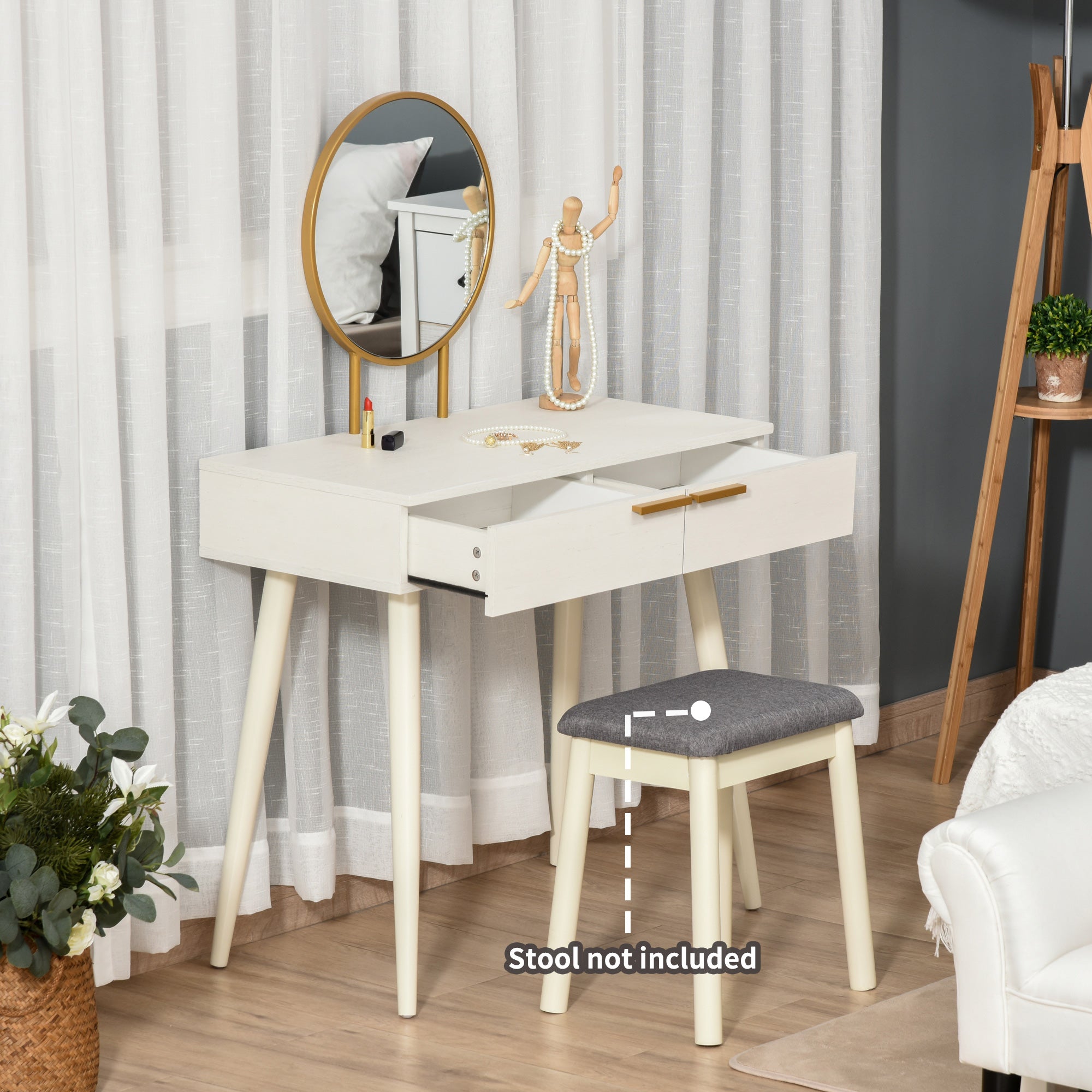 HOMCOM Modern Dressing Table with Round Mirror, Makeup Vanity Table with 2 Drawers for Bedroom, Living Room, White 