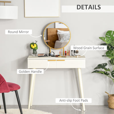 HOMCOM Modern Dressing Table with Round Mirror, Makeup Vanity Table with 2 Drawers for Bedroom, Living Room, White 