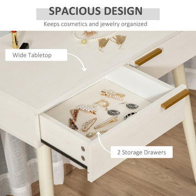 HOMCOM Modern Dressing Table with Round Mirror, Makeup Vanity Table with 2 Drawers for Bedroom, Living Room, White 