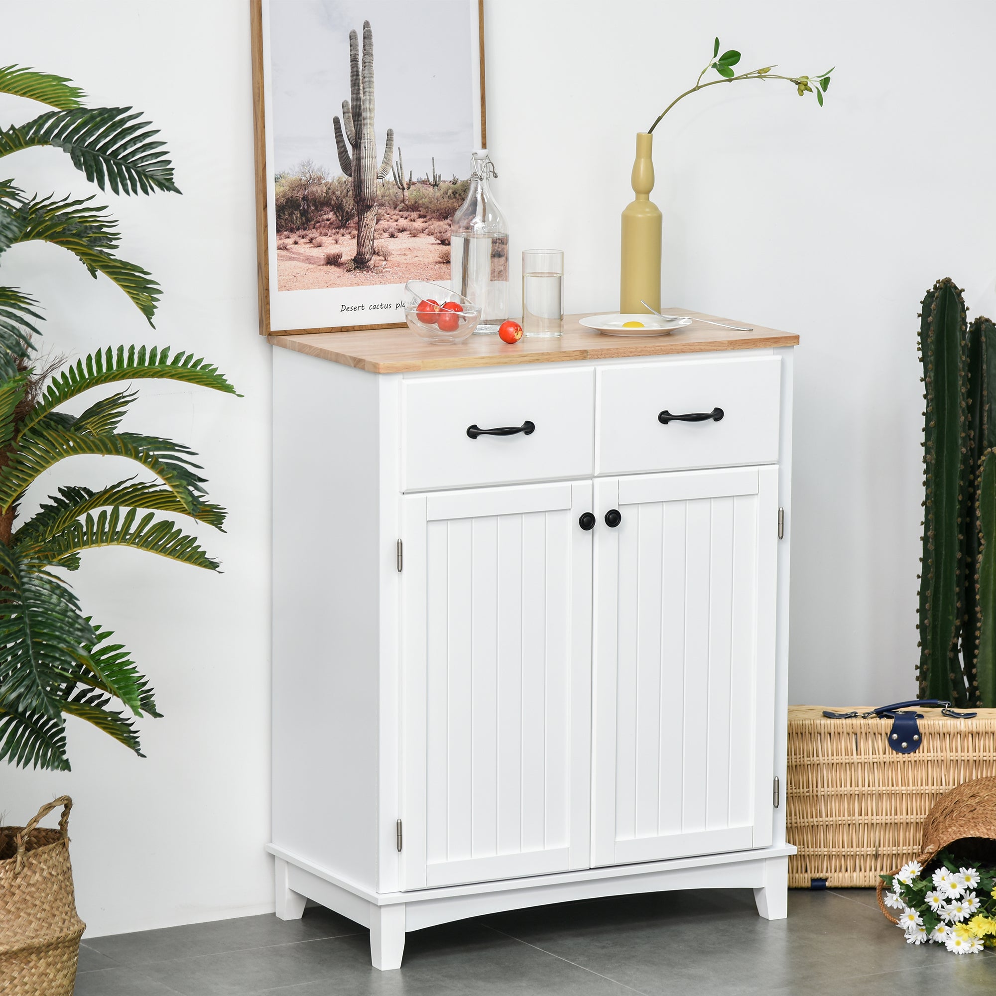 HOMCOM Modern Kitchen Cupboard, Wooden Storage Cabinet, Tableware Organizer with 2 Drawers for Living & Dining Room, White 