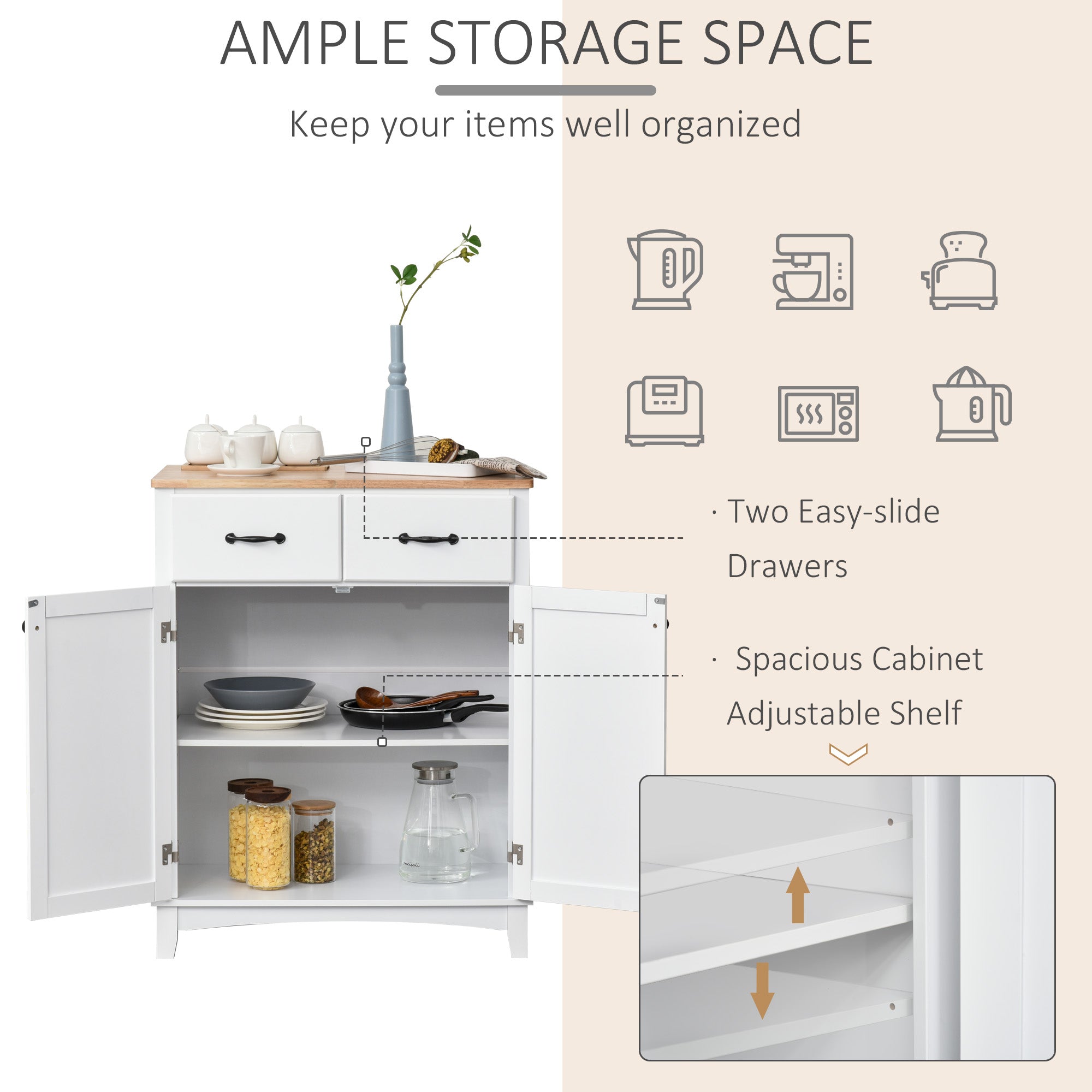HOMCOM Modern Kitchen Cupboard, Wooden Storage Cabinet, Tableware Organizer with 2 Drawers for Living & Dining Room, White 