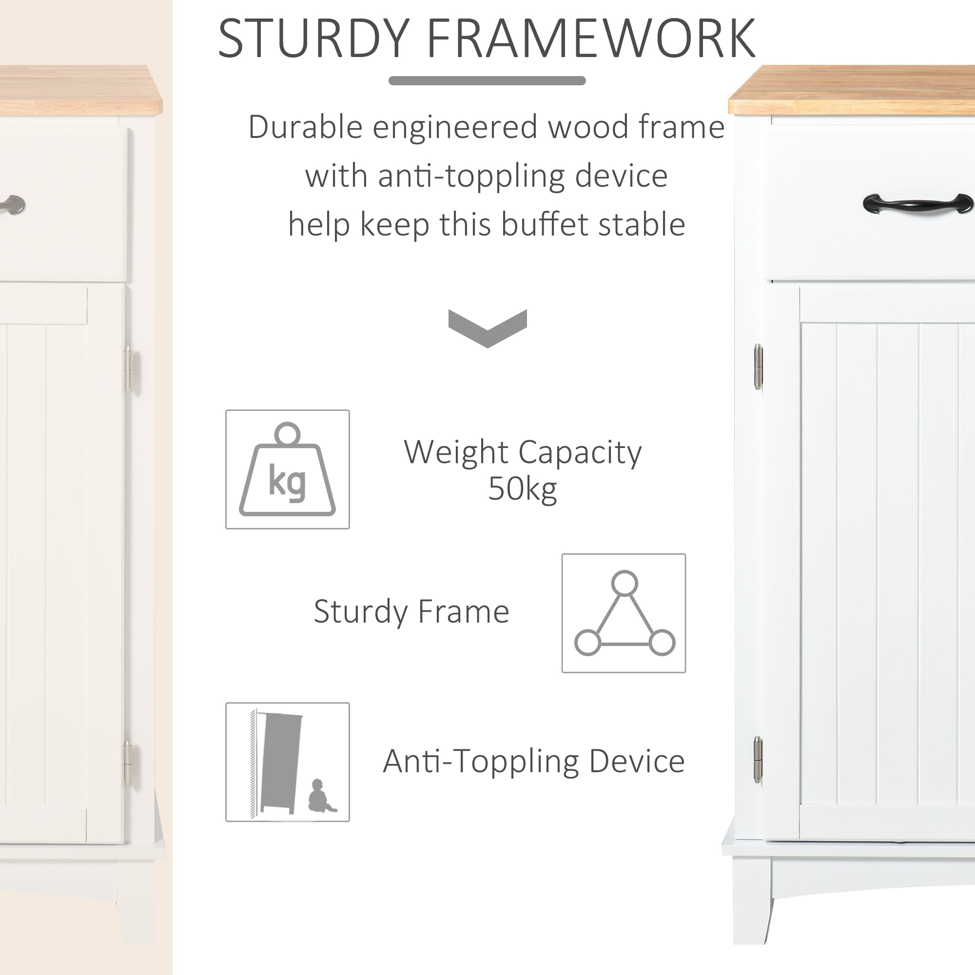 HOMCOM Modern Kitchen Cupboard, Wooden Storage Cabinet, Tableware Organizer with 2 Drawers for Living & Dining Room, White 