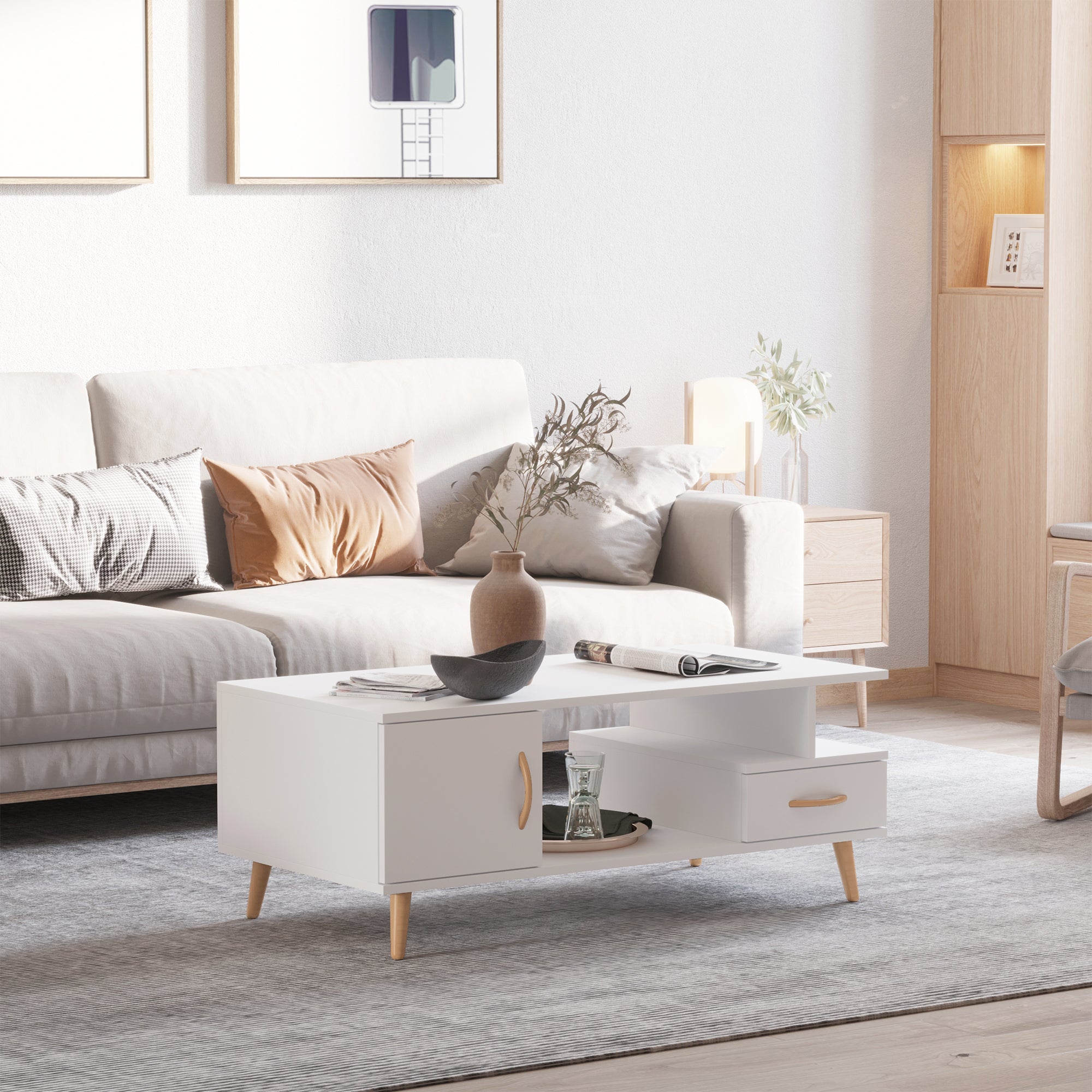 HOMCOM Modern Minimalism Coffee Table with Storage, Sofa Side Table with Shelf & Drawer for Living Room Reception Room, White 