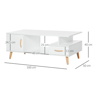 HOMCOM Modern Minimalism Coffee Table with Storage, Sofa Side Table with Shelf & Drawer for Living Room Reception Room, White 