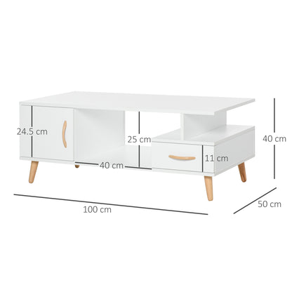 HOMCOM Modern Minimalism Coffee Table with Storage, Sofa Side Table with Shelf & Drawer for Living Room Reception Room, White 