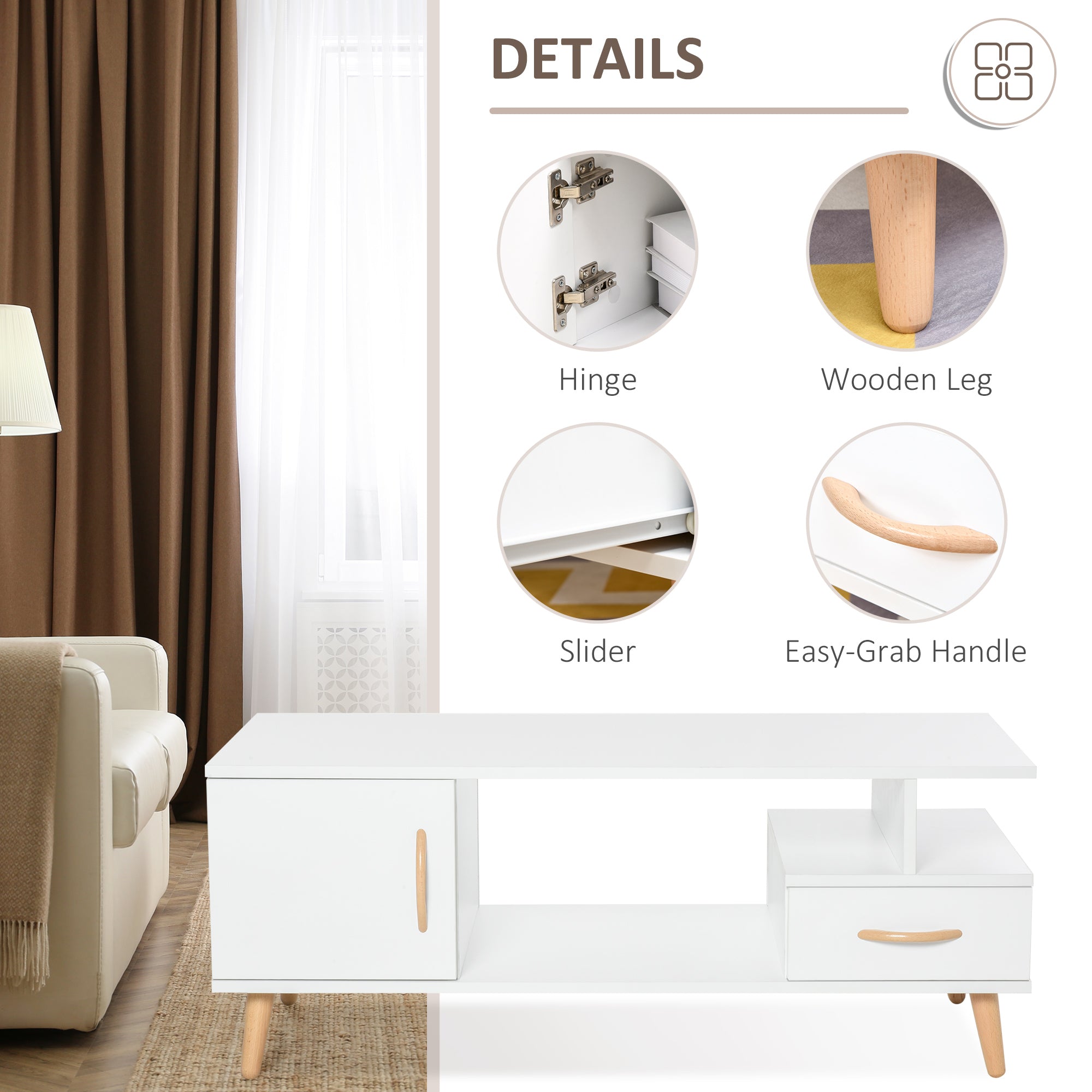 HOMCOM Modern Minimalism Coffee Table with Storage, Sofa Side Table with Shelf & Drawer for Living Room Reception Room, White 