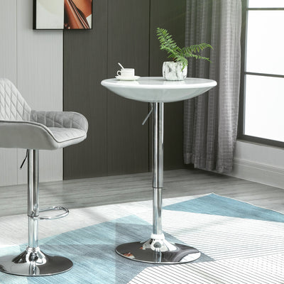 HOMCOM Modern Round Bar Table Adjustable Height Home Pub Bistro Desk Swivel Painted Top with Silver Steel Leg and Base, White 