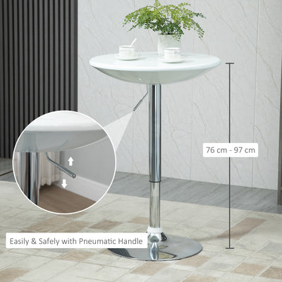 HOMCOM Modern Round Bar Table Adjustable Height Home Pub Bistro Desk Swivel Painted Top with Silver Steel Leg and Base, White 