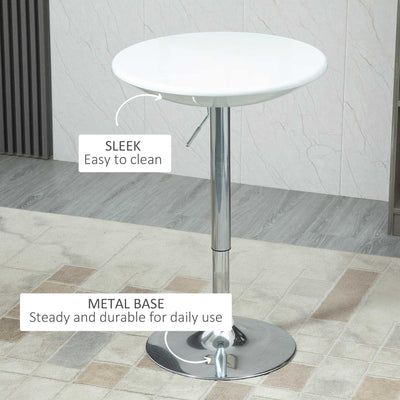 HOMCOM Modern Round Bar Table Adjustable Height Home Pub Bistro Desk Swivel Painted Top with Silver Steel Leg and Base, White 