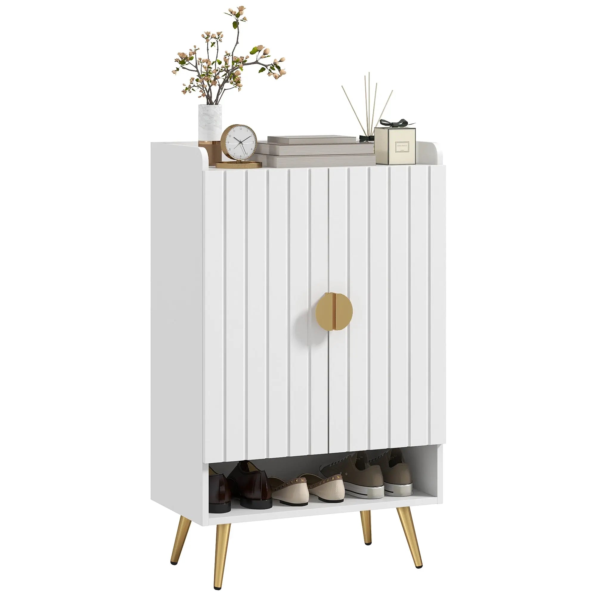 HOMCOM Modern Shoe Cabinet with 2 Doors, Open Shelf and Adjustable Shelves, Hallway Shoe Cupboard for 15 Pairs of Shoes, Entryway Storage Unit, White 