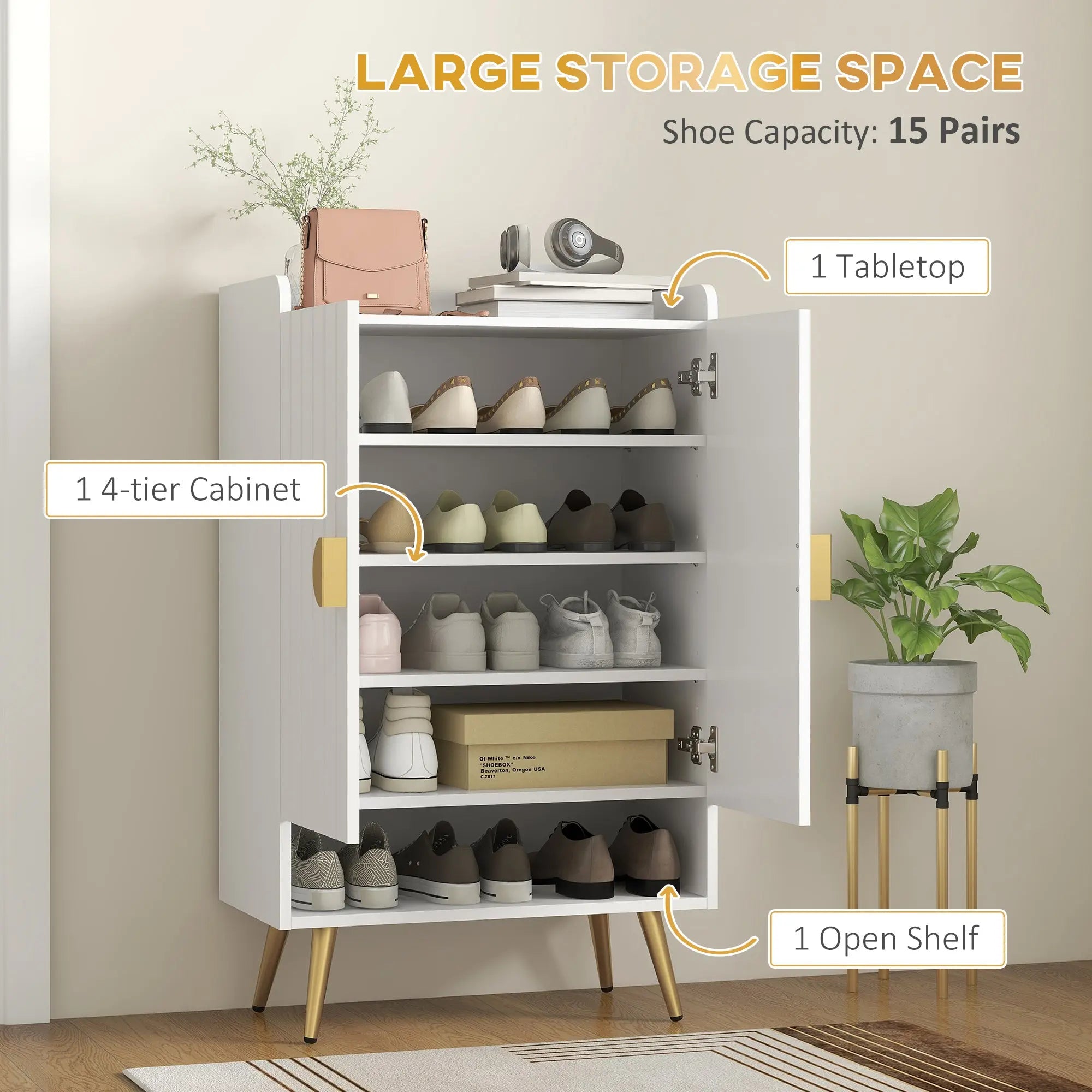 HOMCOM Modern Shoe Cabinet with 2 Doors, Open Shelf and Adjustable Shelves, Hallway Shoe Cupboard for 15 Pairs of Shoes, Entryway Storage Unit, White 